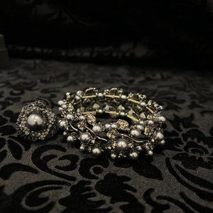 Grey Pearl & Marcasite Bracelet & Ring Set